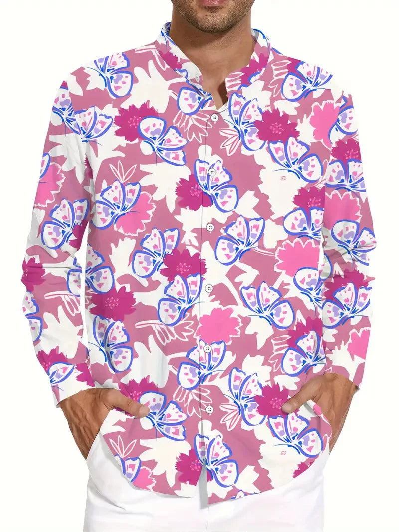 Men's casual long sleeve shirt with colorful 3D splash print and flap pockets, featuring a stylish, printed design from Showlu Fashion.