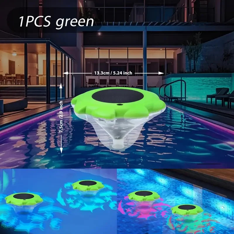 RGB waterproof solar floating pool light by Showlu Smart General, illuminated LED garden lamp on water surface.