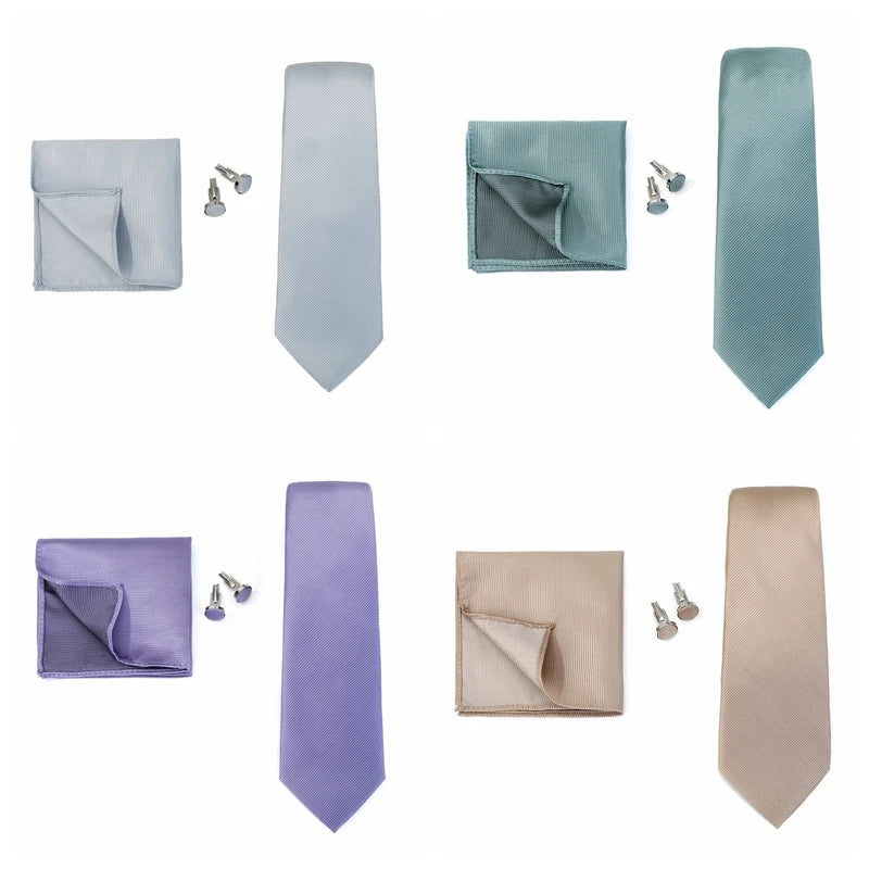 Solid color men's formal wedding necktie, jacquard woven, with matching handkerchief and cufflinks, suitable for business suits and weddings.