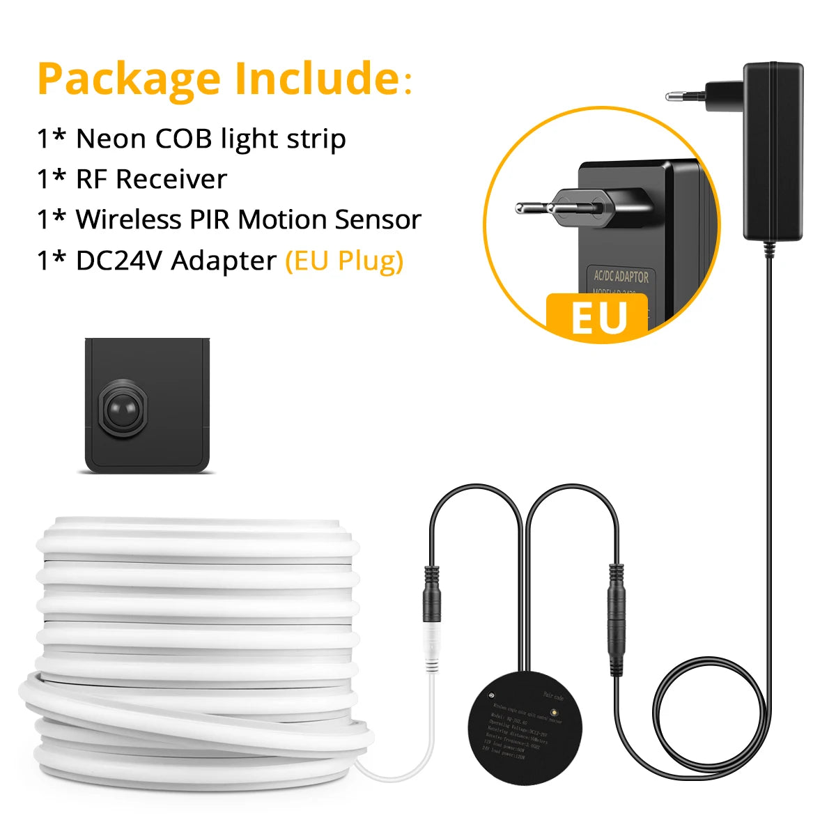 Showlu Smart COB Motion Sensor LED Strip Light Kit installed on a ceiling, showcasing energy-efficient lighting with motion detection features.