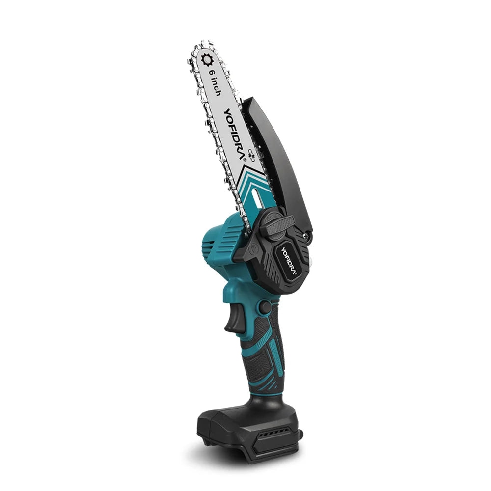 Showlu Smart General Yofidra 6-inch electric chainsaw with a black and orange body, featuring a compact design and chain blade.