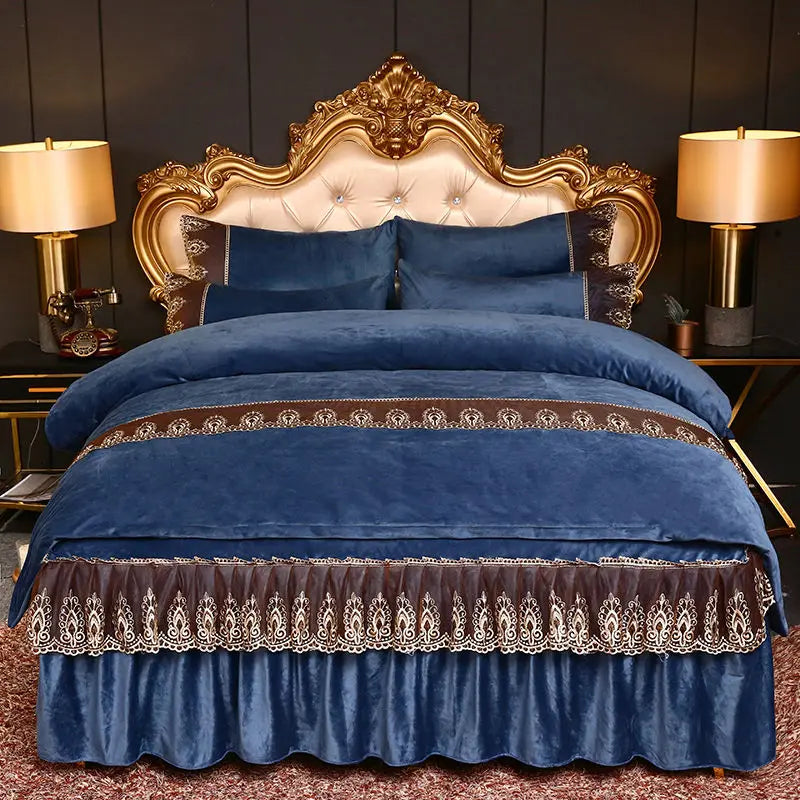 High Quality Luxury Thicken Velvet 4pcs Bedding Set Coral Fleece Bed Skirt Duvet Cover Pillowcase Plush Bed Set Queen Size