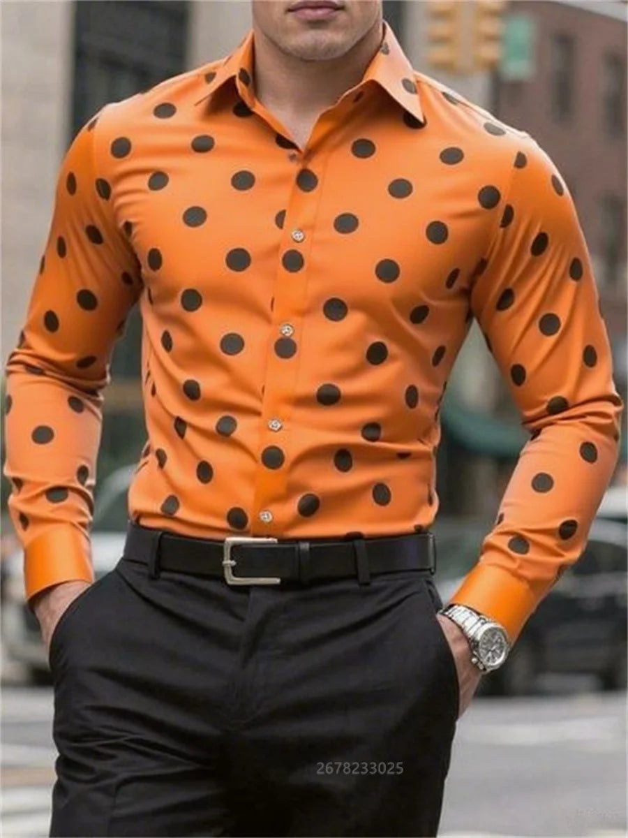 Men's long sleeve casual shirt with spotted lapel, buttons, breathable fabric, stylish and versatile outdoor fashion by Showlu Fashion.