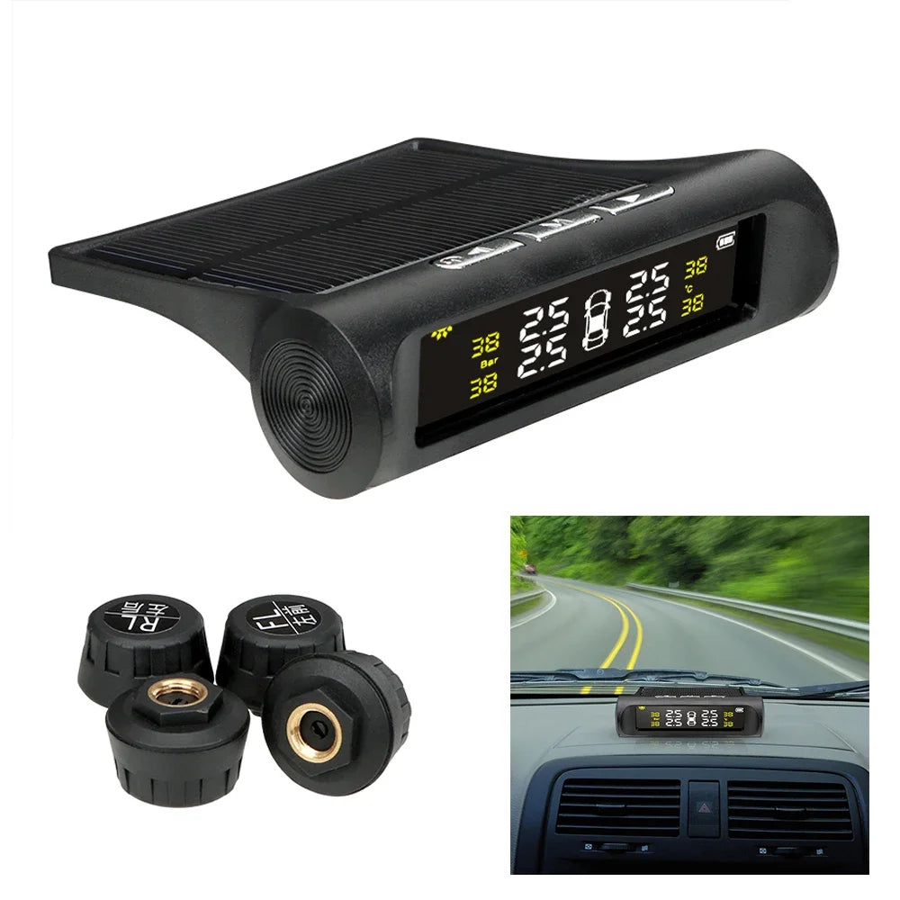 Showlu Smart General car tire pressure monitor displaying digital readings on a screen attached to a vehicle wheel.
