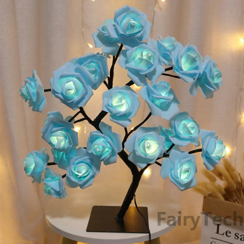 SHOWLU LED Rose Flower Table Lamp with stainless steel base, fairy night light, elegant floral design for home decor.