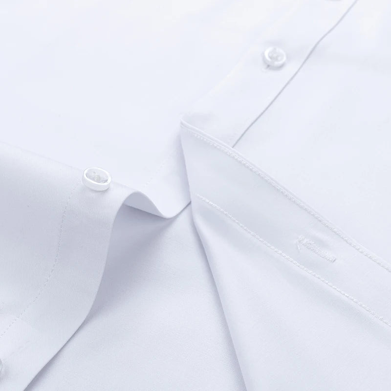 White and black men's premium pin collar dress shirts with French cuffs, stylish formal shirts for business, parties, or weddings.