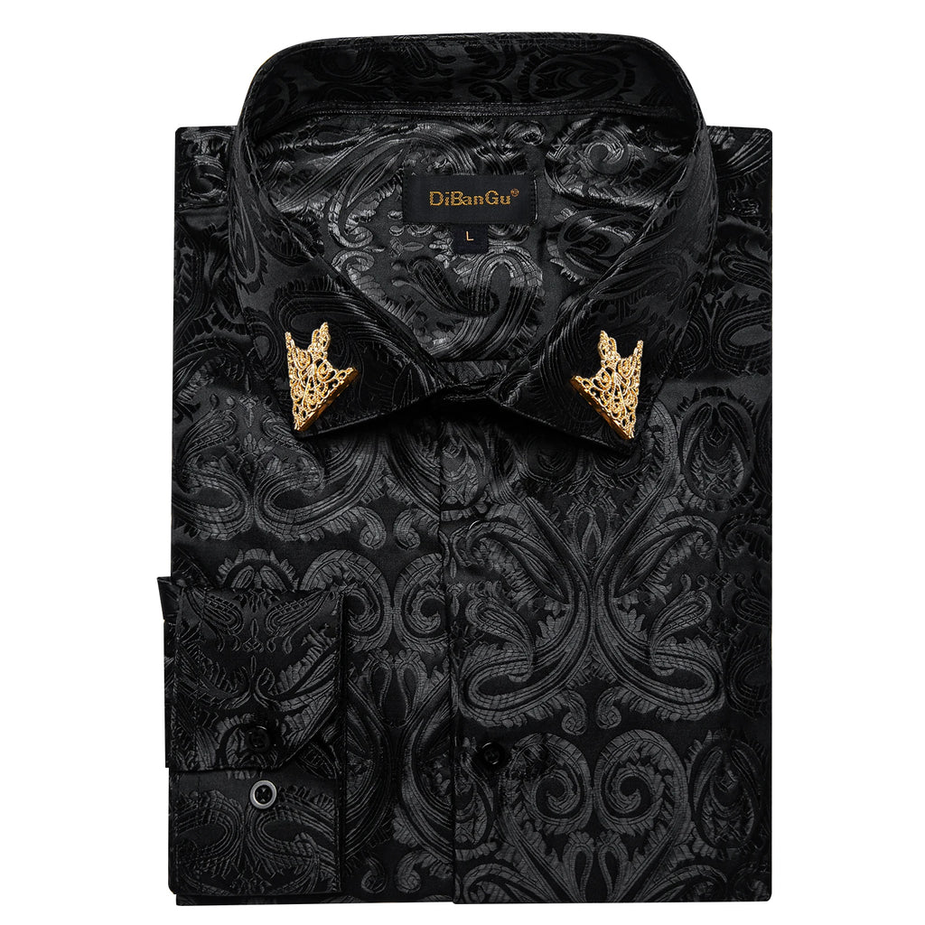 Men's patterned brocade shirt with gold crown collar accents, suitable for luxury galas and formal weddings, by Showlu Fashion Store.