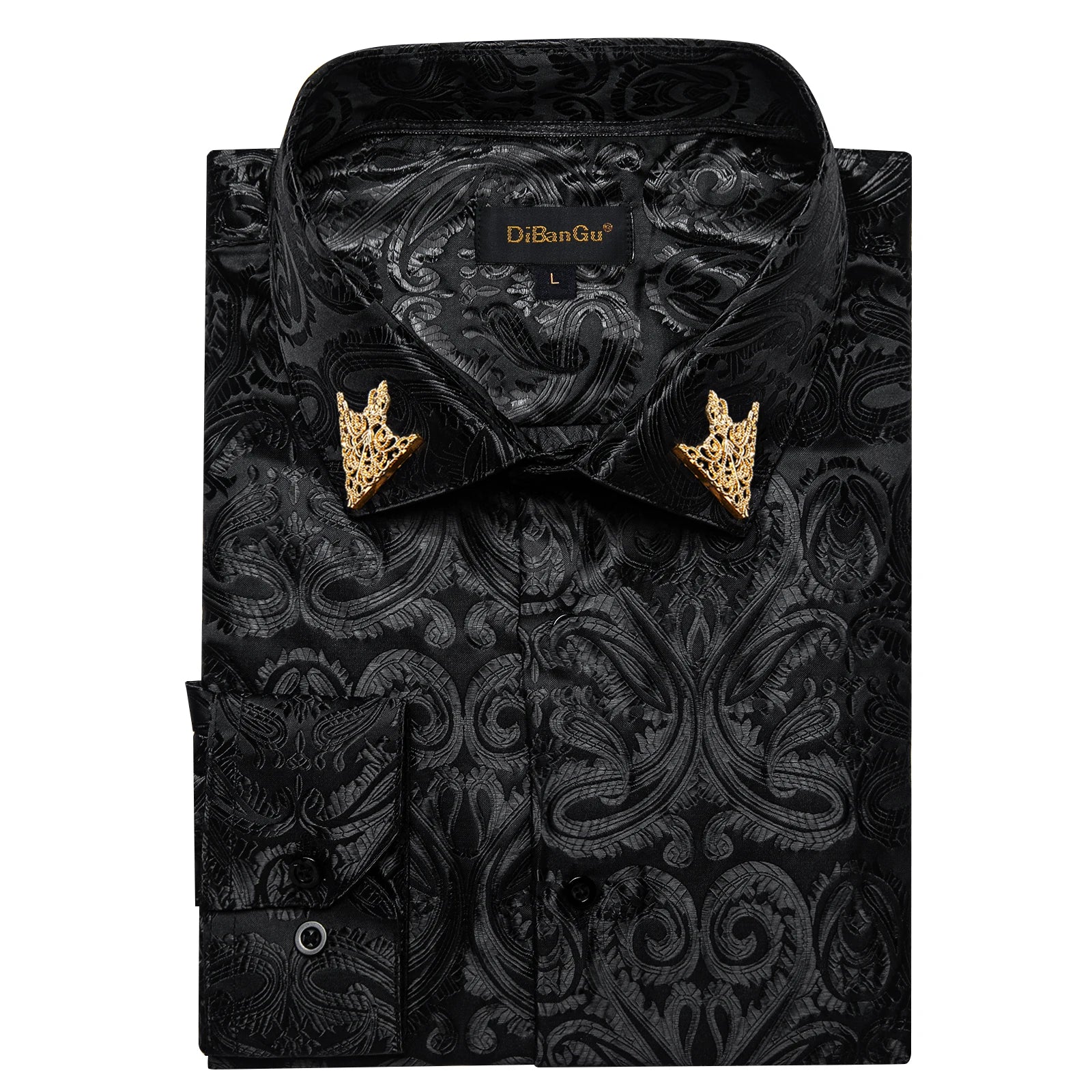 Men's patterned brocade shirt with gold crown collar accents, suitable for luxury galas and formal weddings, by Showlu Fashion Store.