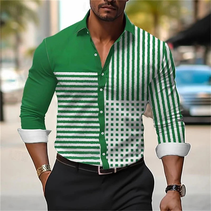 Men's long-sleeved casual shirt in a simple design, suitable for fall fashion and streetwear, featuring a stylish office look.