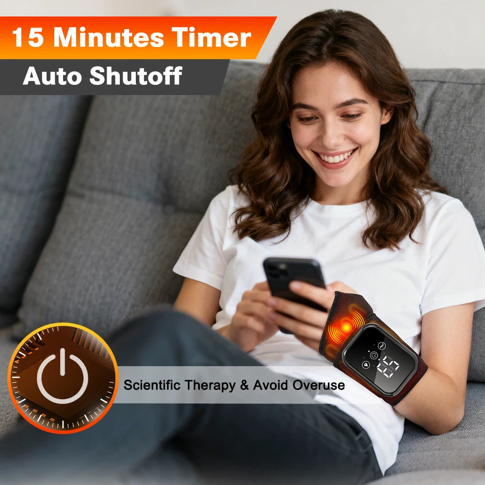 Electric heating wrist massager and brace with vibration massage for carpal tunnel, tenosynovitis, and wrist fatigue relief.