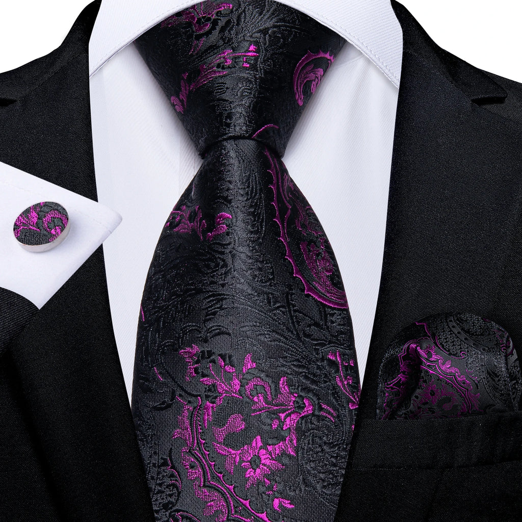 DiBanGu Ties For Men Purple Floral Paisley Necktie Business Formal 100% Silk Tie Pocket Square Set For Wedding Party Cravat