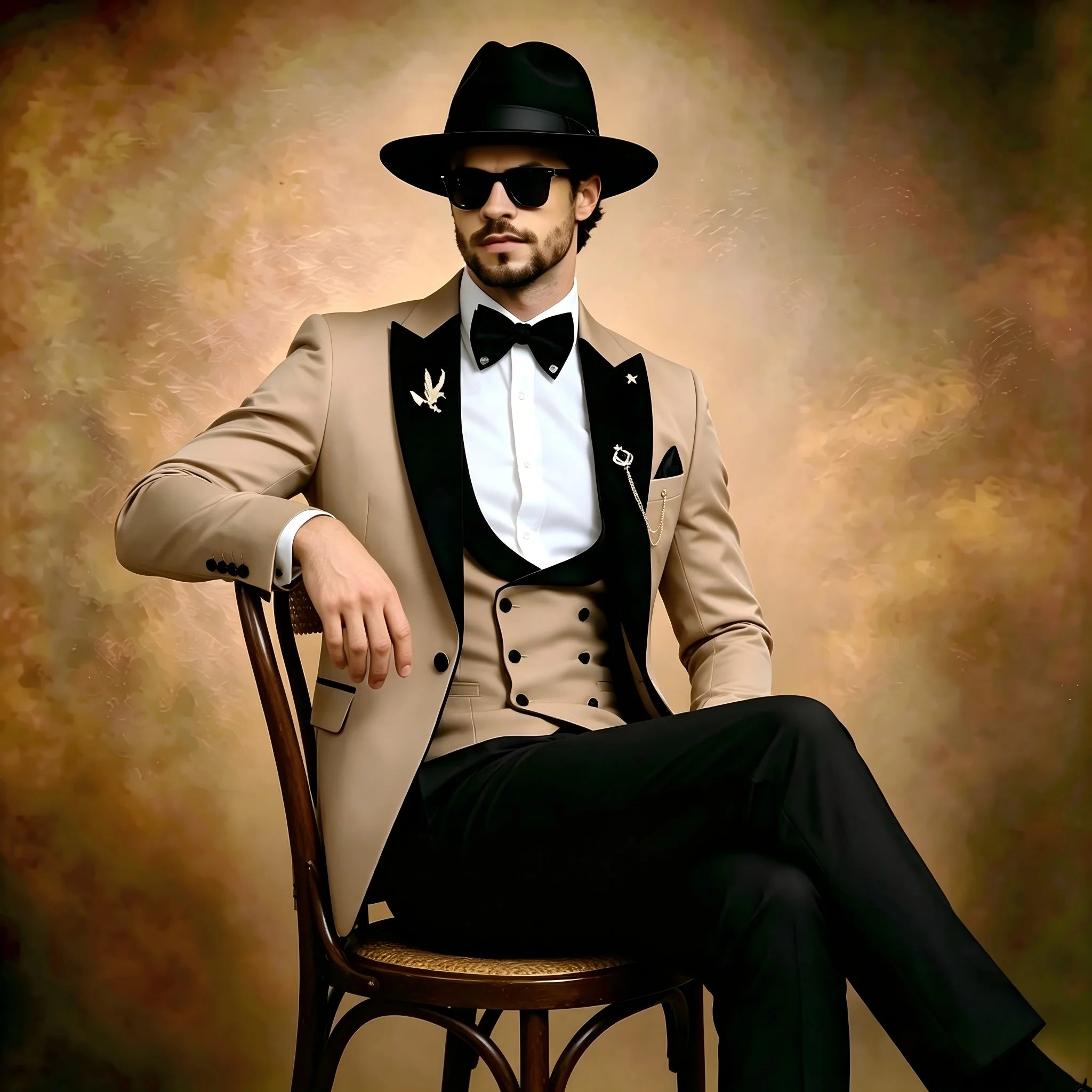 Beige formal men's suit set with peaked lapel tuxedo, blazer, pants, and vest, perfect for weddings, parties, and business events.