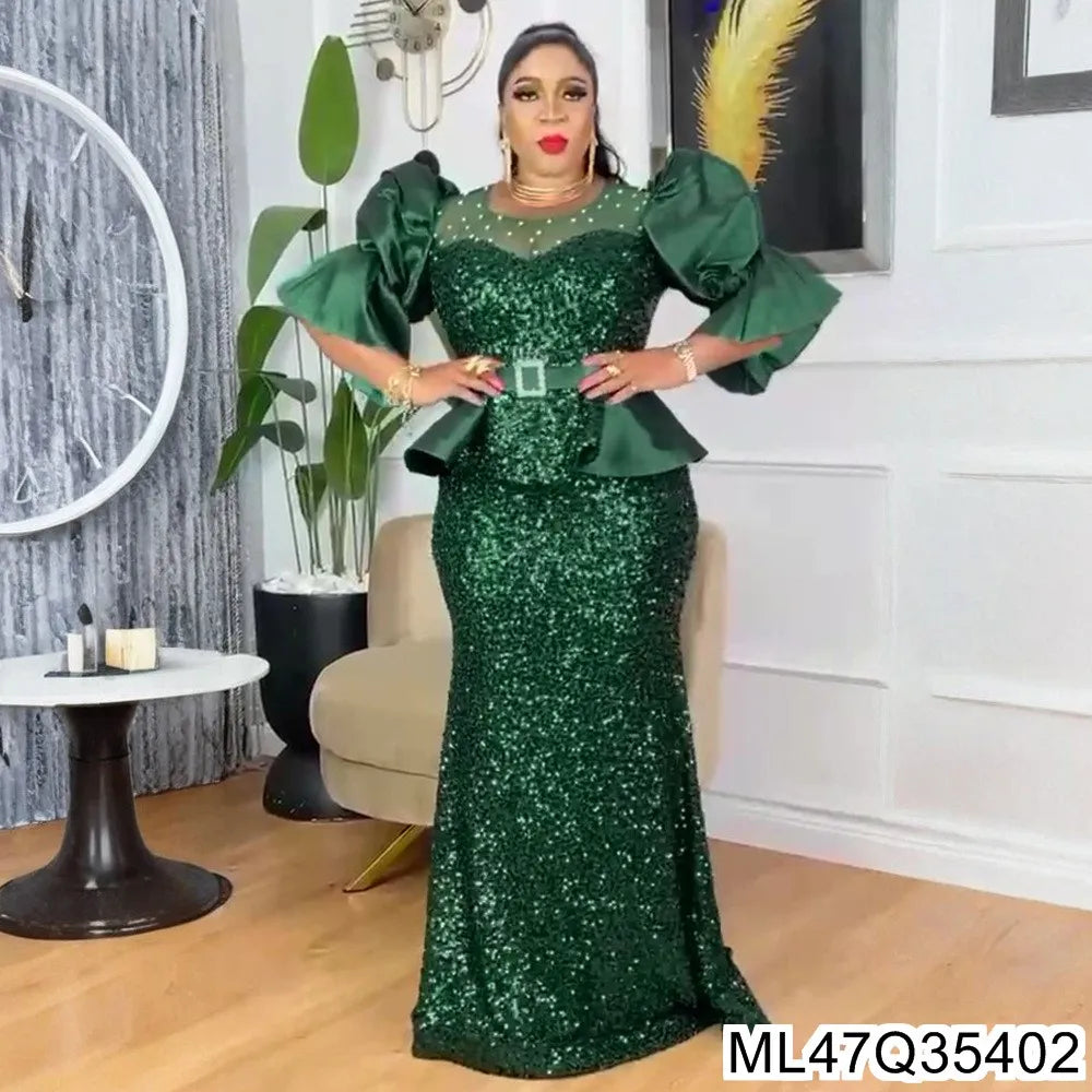 Plus size high-waisted fishtail evening dress with heavy sequins, perfect for formal parties and special occasions.