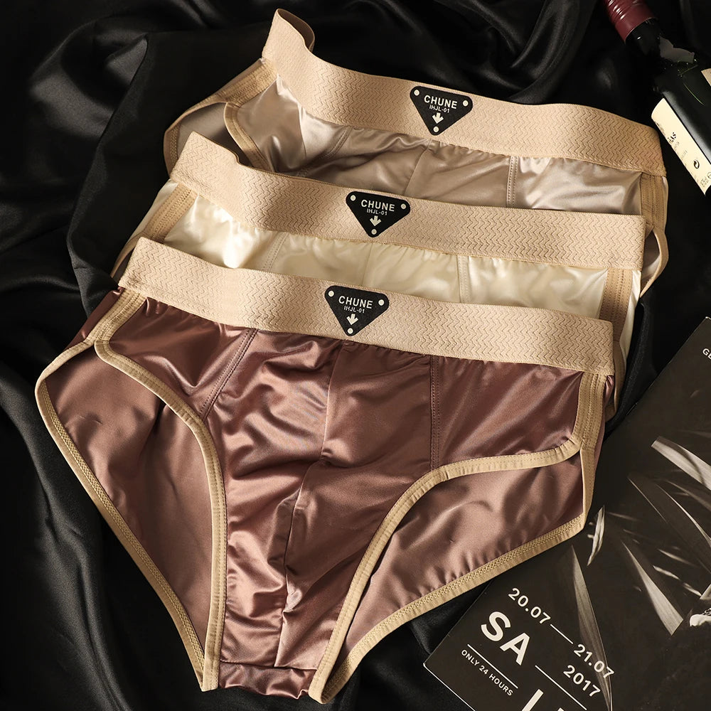 Three pairs of men's satin-like ice silk briefs with breathable mesh crotch, soft, high-elastic underwear in a pack.