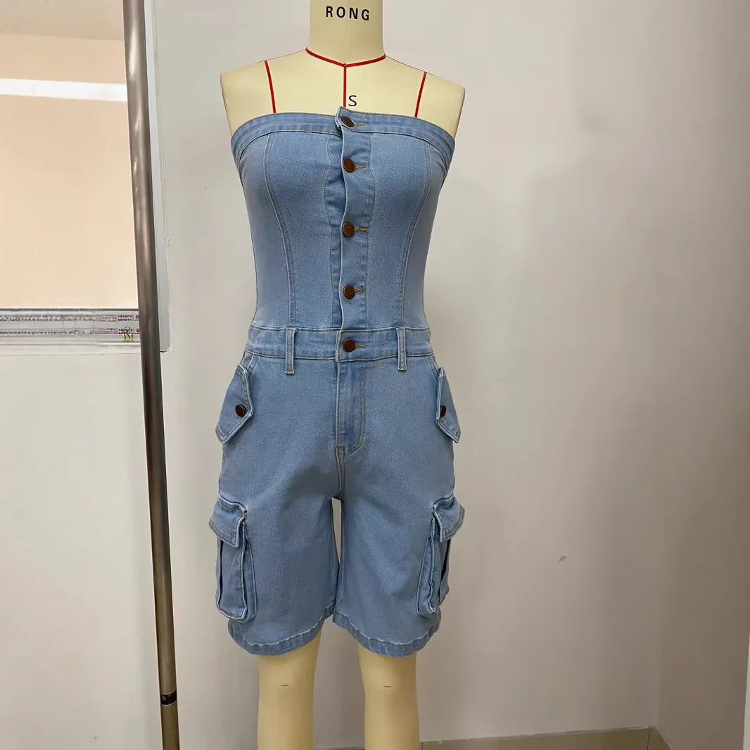 Kalenmos women's strapless denim jumpsuit by SHOWLU FASHION STORE, high waist Y2K style playsuit with fitted design and denim fabric.
