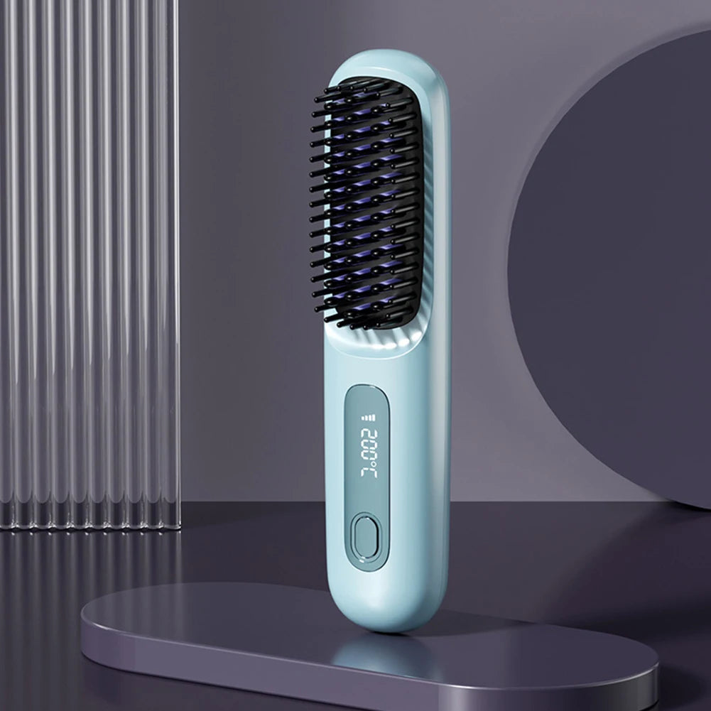 Showlu Smart wireless ionic hair straightener brush in black, featuring anti-frizz technology and sleek design.
