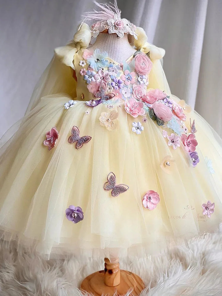 Baby girl dress by Showlu Fashion with embroidery, flower details, large bow, puff skirt, perfect for weddings and special occasions.