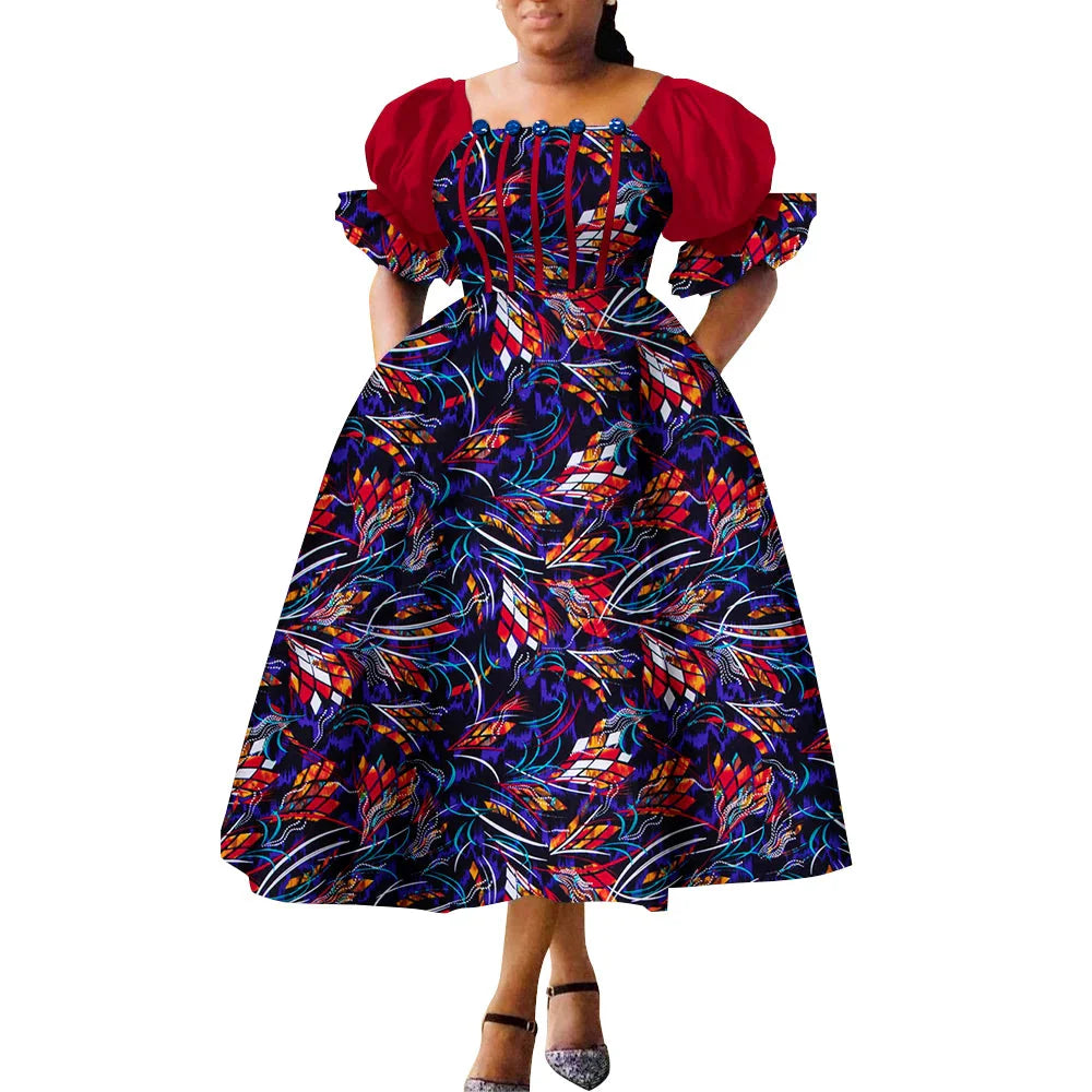 African print puff sleeve high waist Ankara cotton gown by SHOWLU FASHION STORE, featuring vibrant patterns and elegant design.