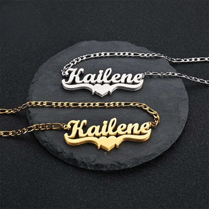 Showlu Custom Double Name Plate Necklace in 3D stainless steel, featuring two personalized engraved name plates on a stylish chain.