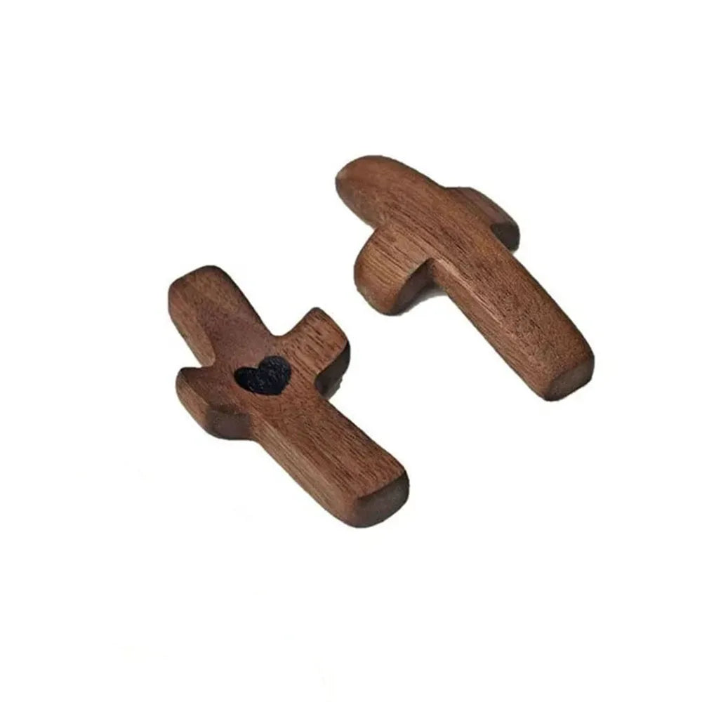 Black walnut wood pocket cross with engraved "My Heart" for prayer and faith, a spiritual gift for stress relief and Christian reflection.