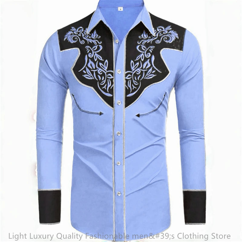 Long-sleeved men's denim shirt by Showlu Fashion with 20 colors, retro western style, loose fit, soft fabric, casual casual casual