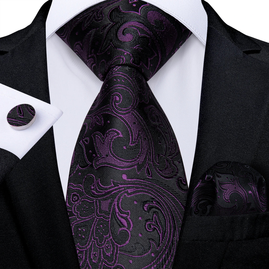 DiBanGu Ties For Men Purple Floral Paisley Necktie Business Formal 100% Silk Tie Pocket Square Set For Wedding Party Cravat