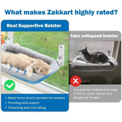 A cat window hammock with a metal frame supporting the bolster compared to a flimsy version.