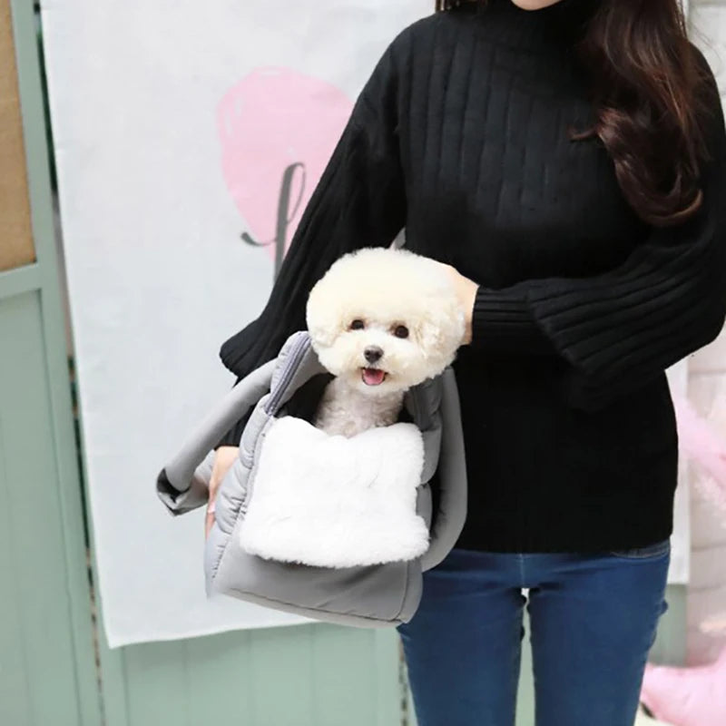 Winter pet carrier bag by Showlu Fashion featuring warm windproof nylon, includes travel mat for pets.