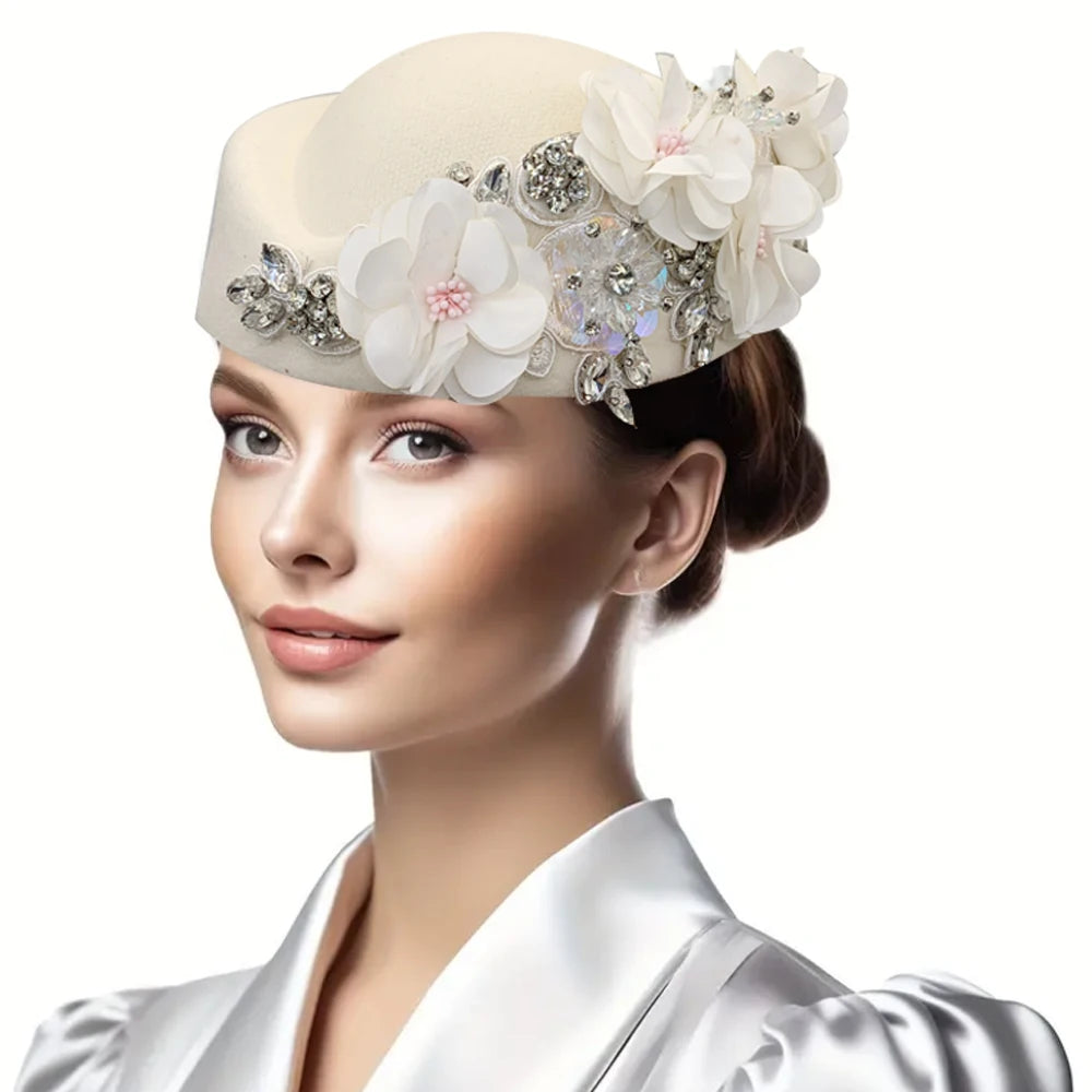Women Air Stewardess Hat Rhinestone Flower Church Derby Beret Hats for Party Wool Felt Pillbox Costume Cosplay Caps Accessores