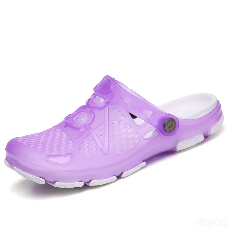 Showlu women's casual jelly sandals with flat soles, outdoor beach water shoes, translucent design, perfect for summer water activities.