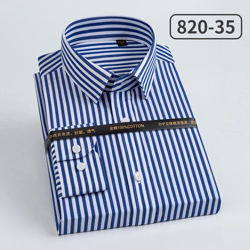 Men's slim fit cotton long-sleeved shirt with striped pattern, high-end luxury design, heterochromatic collar, wrinkle-resistant.