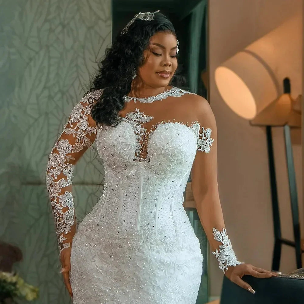 Vinca Sunny Arabic Mermaid wedding dress by SHOWLU FASHION STORE with lace applique and beaded detailing, elegant bridal gown.