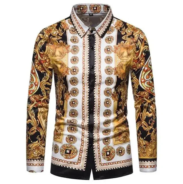 Men's retro plaid long sleeve shirt by Showlu Fashion, featuring casual floral print and classic button-up design.