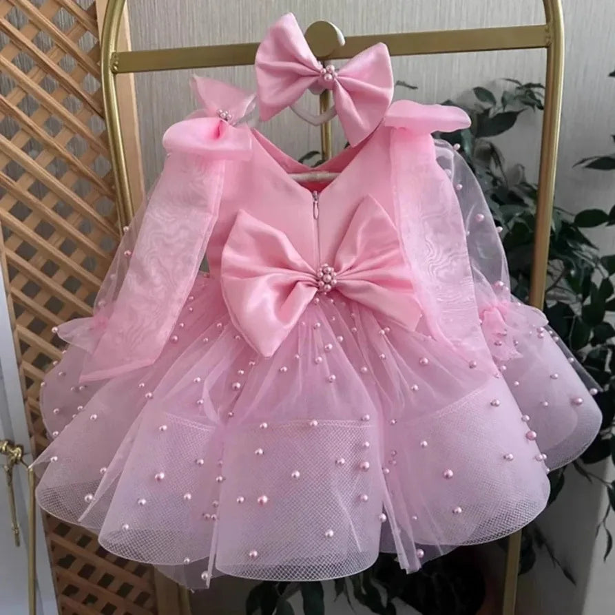 Girls Cute Beading Bow Design Birthday Princess Ball Gown Children Fashion Wedding Host Piano Performance Dress y1655