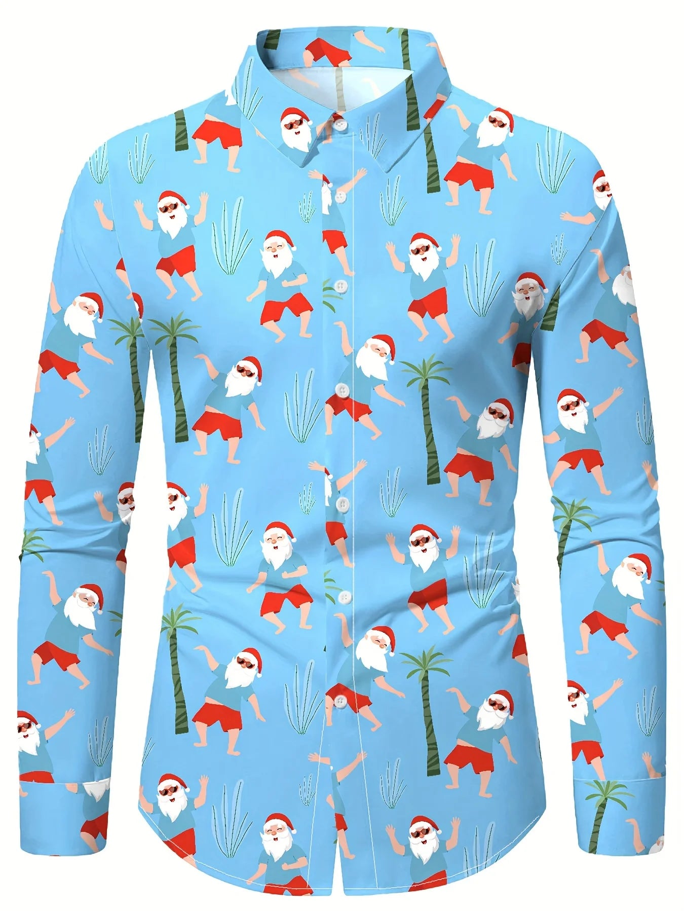 Christmas festival men's 3D printed long sleeve shirt with Christmas tree and Santa Claus graphic, stylish formal holiday shirt.