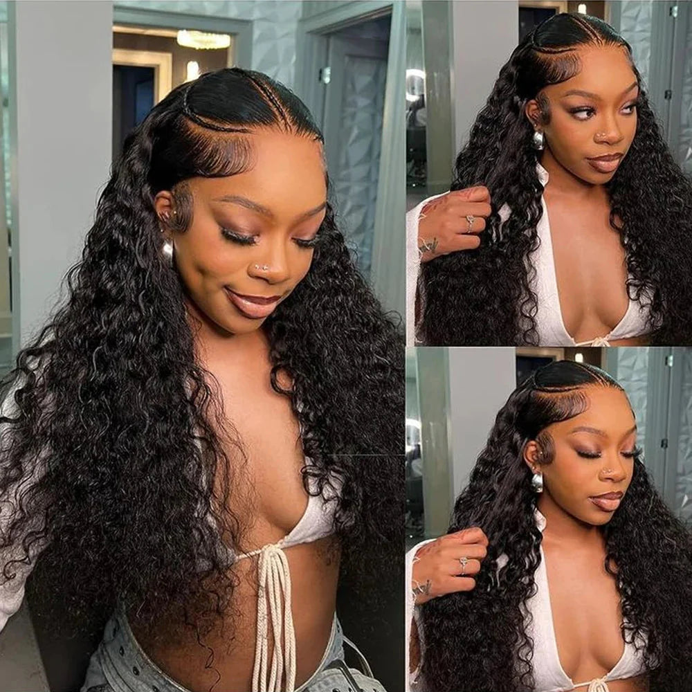 Deep wave Brazilian Remy human hair 360 lace front wig by SHOWLU FASHION STORE, showcasing the intricate wave pattern and lace detailing.