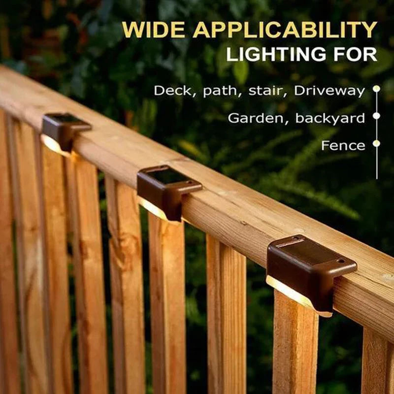 Showlu Smart General solar waterproof deck step lights installed outdoors, illuminating steps with energy-efficient solar power.