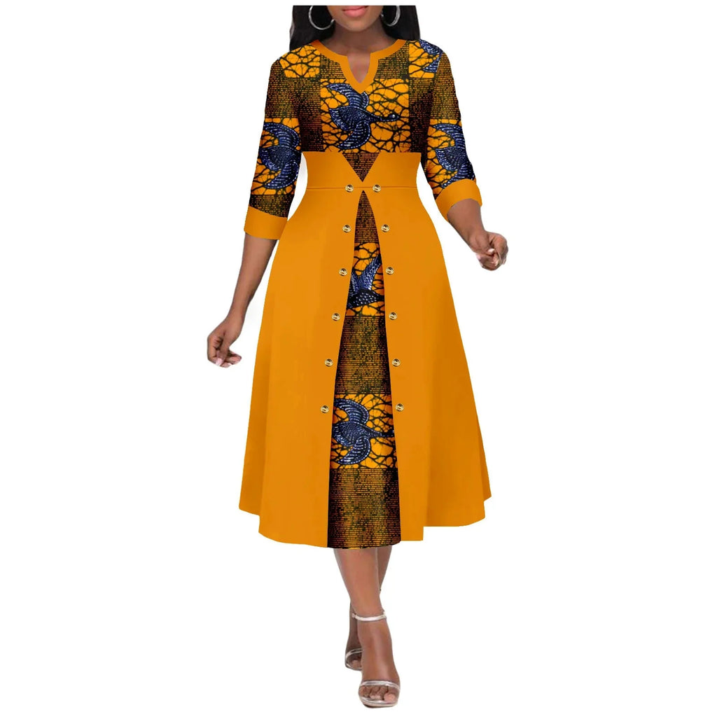 AFRIPRIDE women's Ankara print V-neck dress with cotton fabric and A-line midi skirt, stylish and vibrant for casual wear