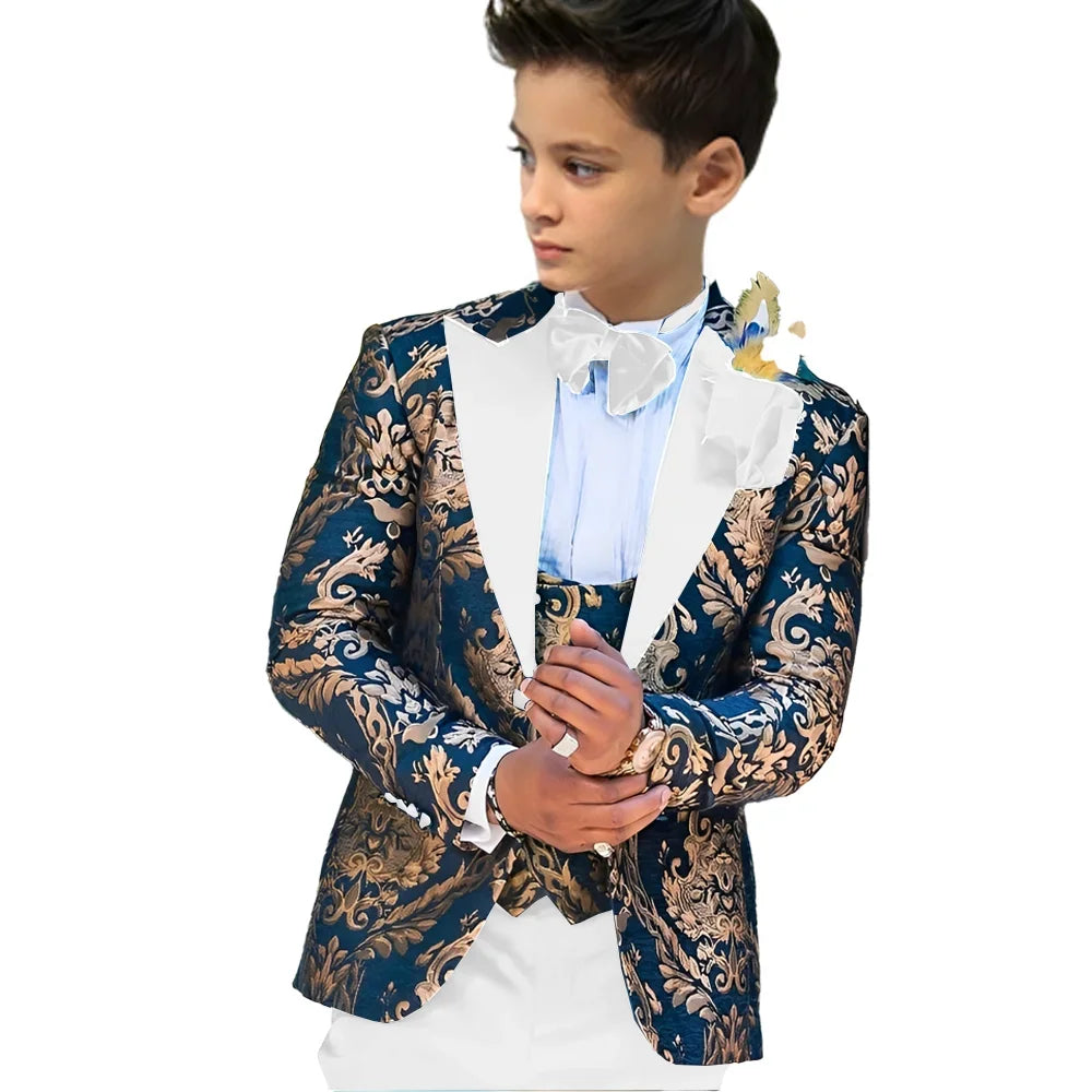 Floral boys' wedding tuxedo set including jacket, vest, and pants for ages 2-16, stylish custom-made kid groom suit by Showlu Fashion