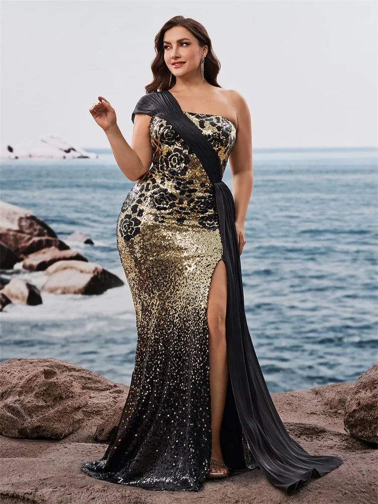 Elegant plus size off-shoulder sleeveless evening dress by Showlu Fashion with slit, mermaid silhouette, ribbon details for wedding or party.