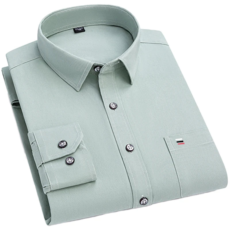 Men's slim fit long sleeve shirt by Showlu Fashion, lightweight solid color casual and office shirt for spring and summer.