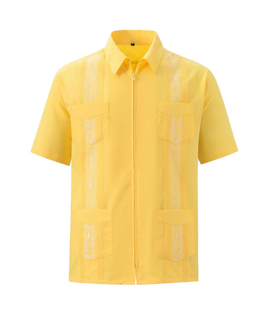 Fashion Zipper Men's Guayabera Shirts Four Pocket Embroidered Traditional Short Sleeve Shirts for Men Mexican Cuban Shirts