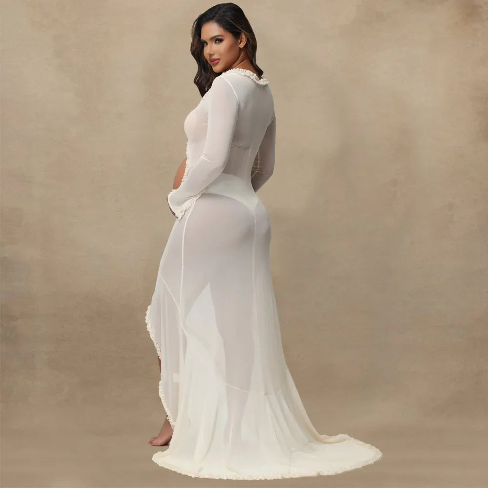 Showlu Maternity Sheer Lace Ruffle Ruched Dress with sexy slit, flowing fabric, and elegant lace details for comfortable maternity wear.