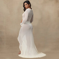 Maternity Sheer Lace Ruffle Ruched Dress Long Sleeve Sexy Slit Belly Gowns Pregnant Dress For Photoshoot Simple Baby Shower