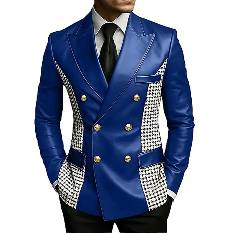 Men’s brown leather blazer with houndstooth side panels, vintage two-tone design, double-breasted style, gold buttons, slim fit tuxedo jacket.