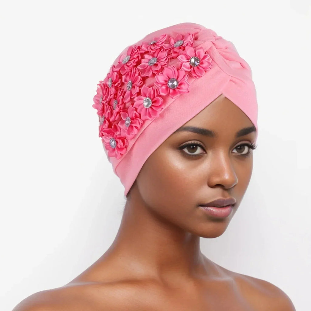Showlu Fashion women's diamond pleated turban hijab chemo cap wrap, stylish head covering with elegant pleats and diamond accents.