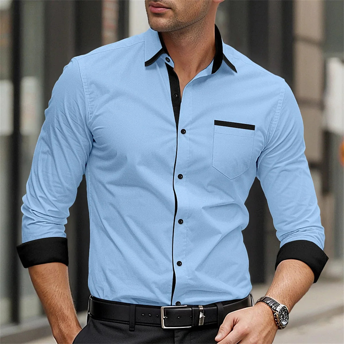 Men's long-sleeved formal button-up shirt in solid color with lapel, suitable for spring and autumn weddings or daily wear.
