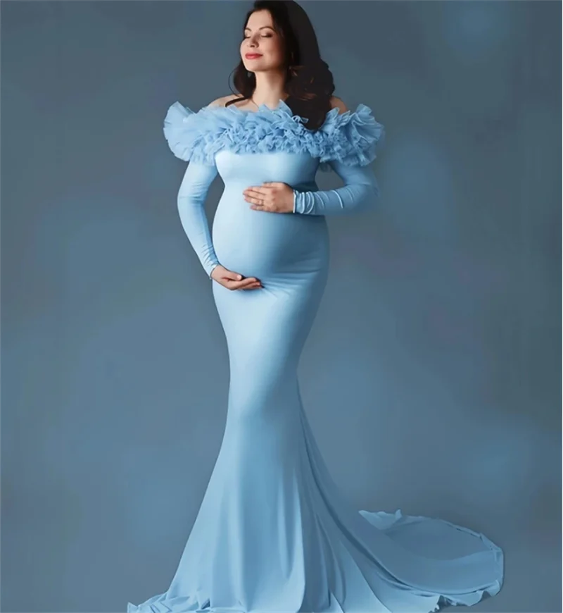 Light blue pregnant women prom dress with off-shoulder design, full sleeves, ruffles, maternity gown for bridal or evening occasions.
