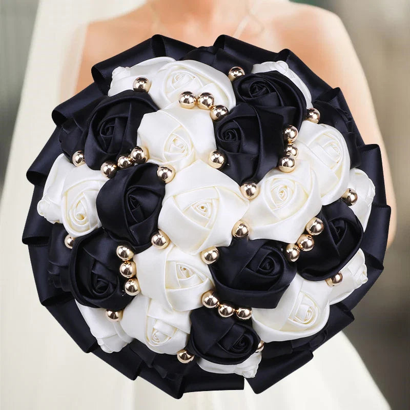 Navy silk rose wedding bouquet with artificial flowers, 20cm size, featuring realistic silk roses and greenery for elegant occasions.