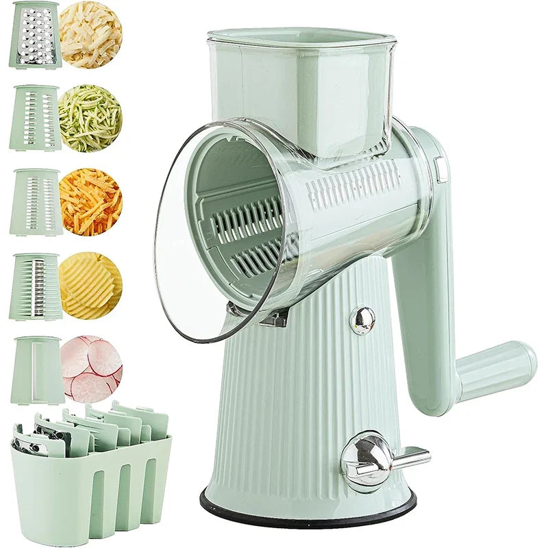 Stainless steel 5-in-1 rotary cheese grater and mandoline slicer by SHOWLU FASHION STORE, with multiple blades and textured surfaces.